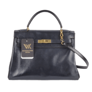 HERMÈS Kelly 32 Bleu Indigo Boxcalf Vint. 1950 + Schulterriemen Luxus Handtasche